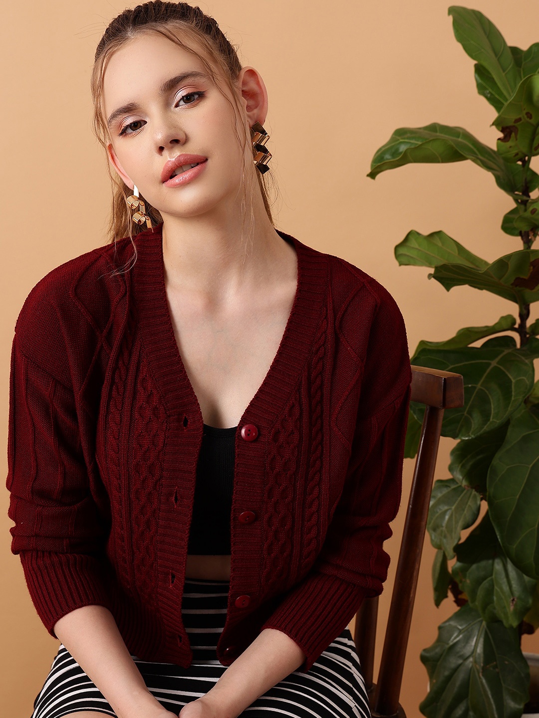 

STREET 9 Cable Knit Self Design V-Neck Cardigan Acrylic Sweater, Maroon