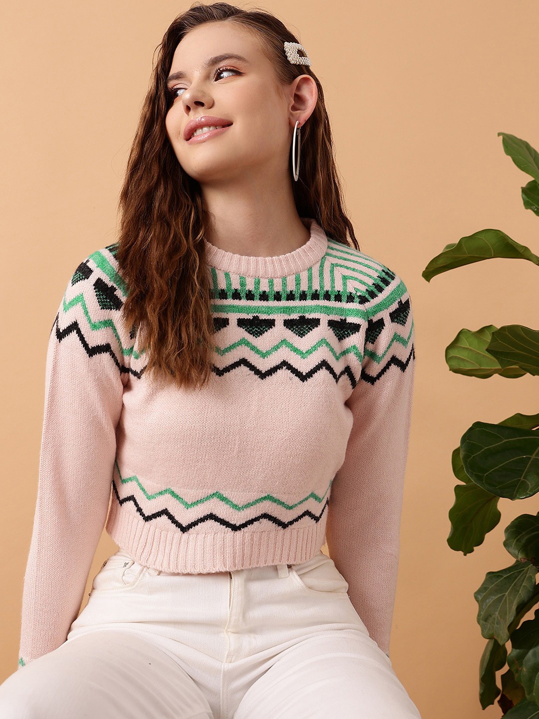 

STREET 9 Printed Acrylic Crop Pullover, Pink