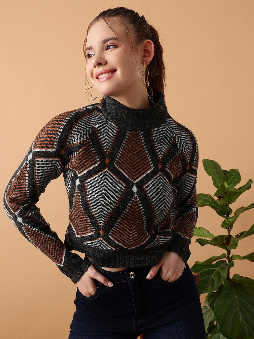 

STREET 9 Geometric Printed Turtle Neck Crop Acrylic Pullover Sweater, Black