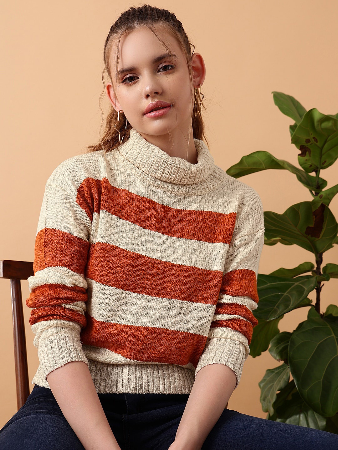 

STREET 9 Striped Turtle Neck Crop Acrylic Pullover Sweater, Beige