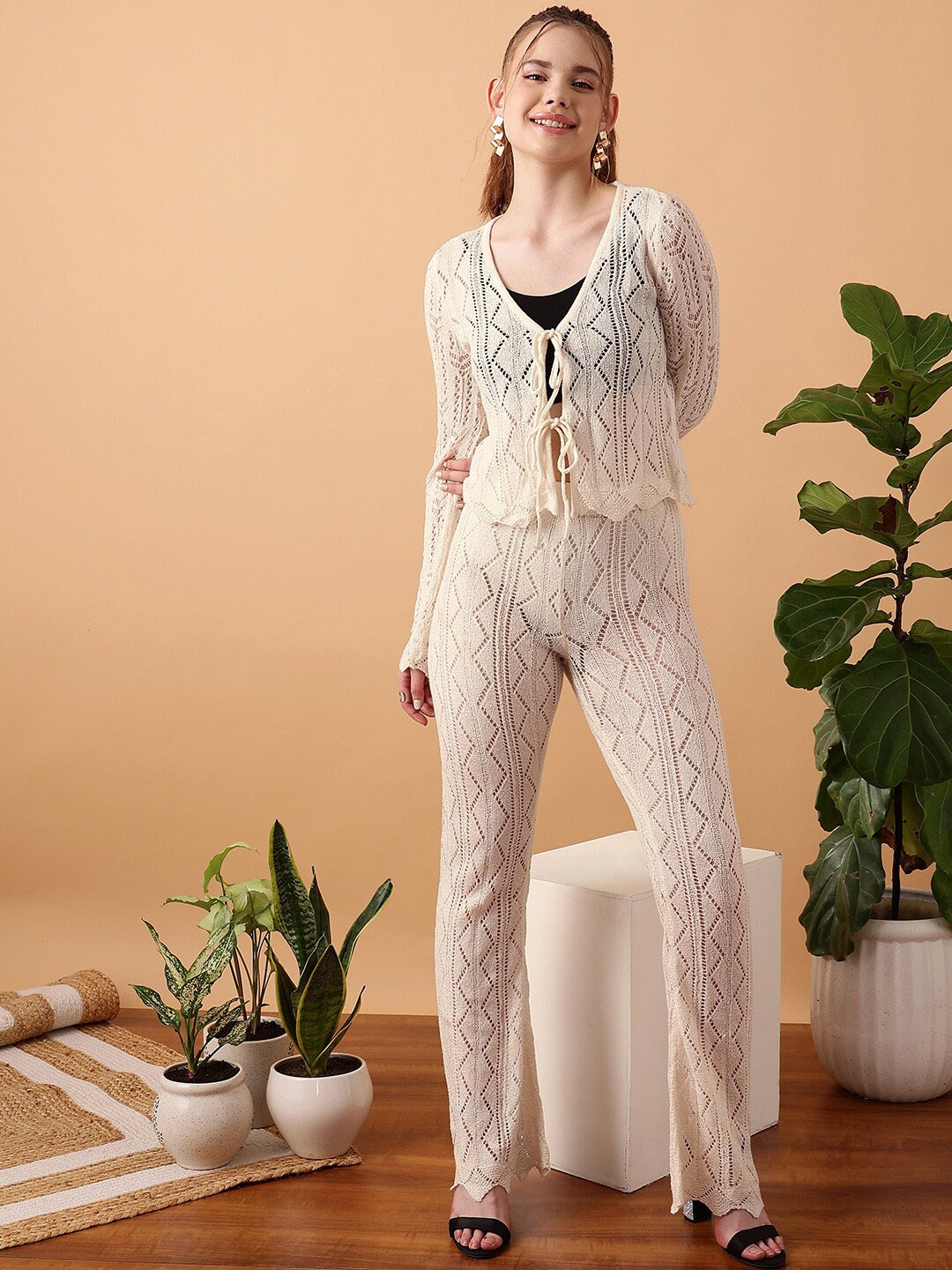 

STREET 9 Self-design V-Neck Top With Trousers, Cream