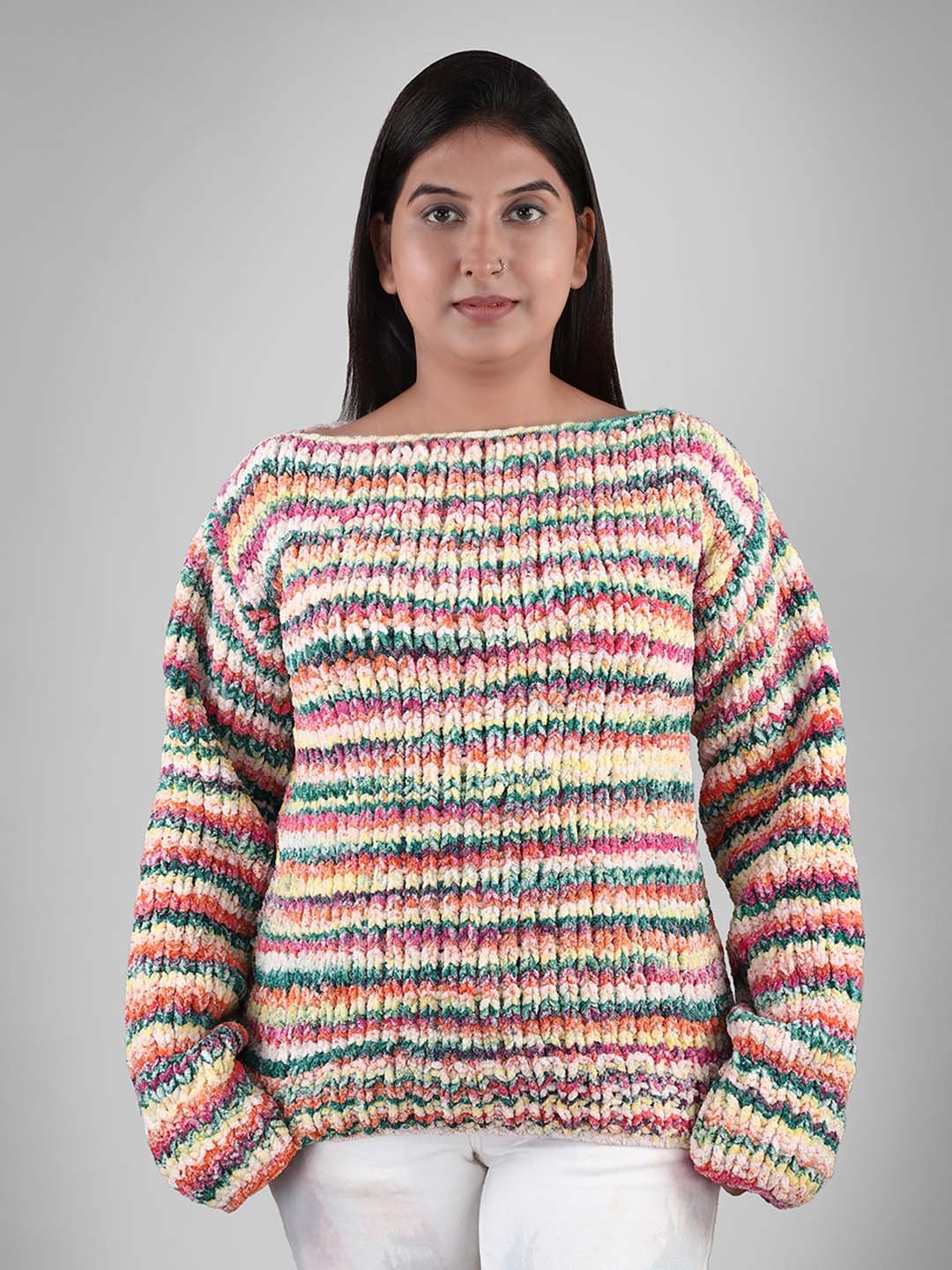 

Magic Needles Women Orange & Cream-Coloured Striped Pullover