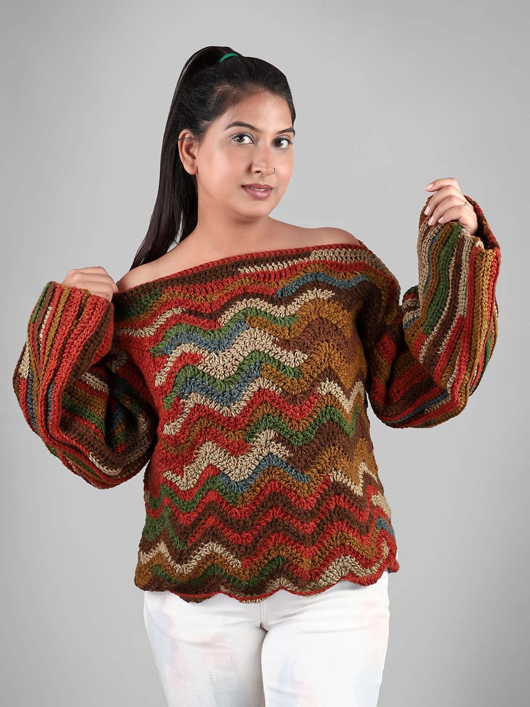 

Magic Needles Women Brown & Green Cable Knit Woollen Pullover