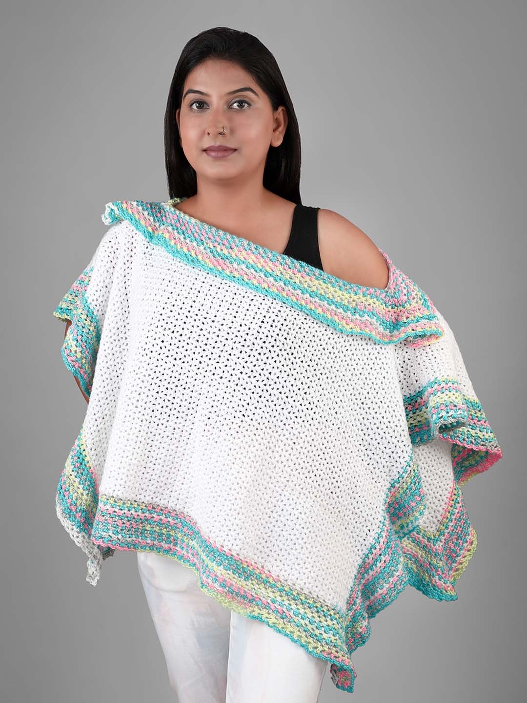 

Magic Needles Women White & Blue Woollen Poncho