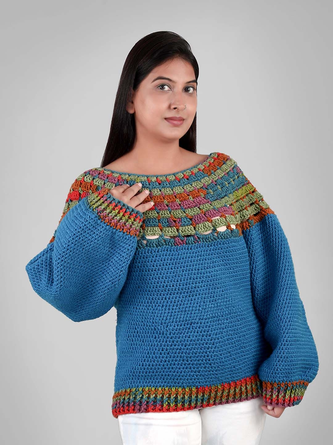 

Magic Needles Women Blue & Red Woollen Pullover
