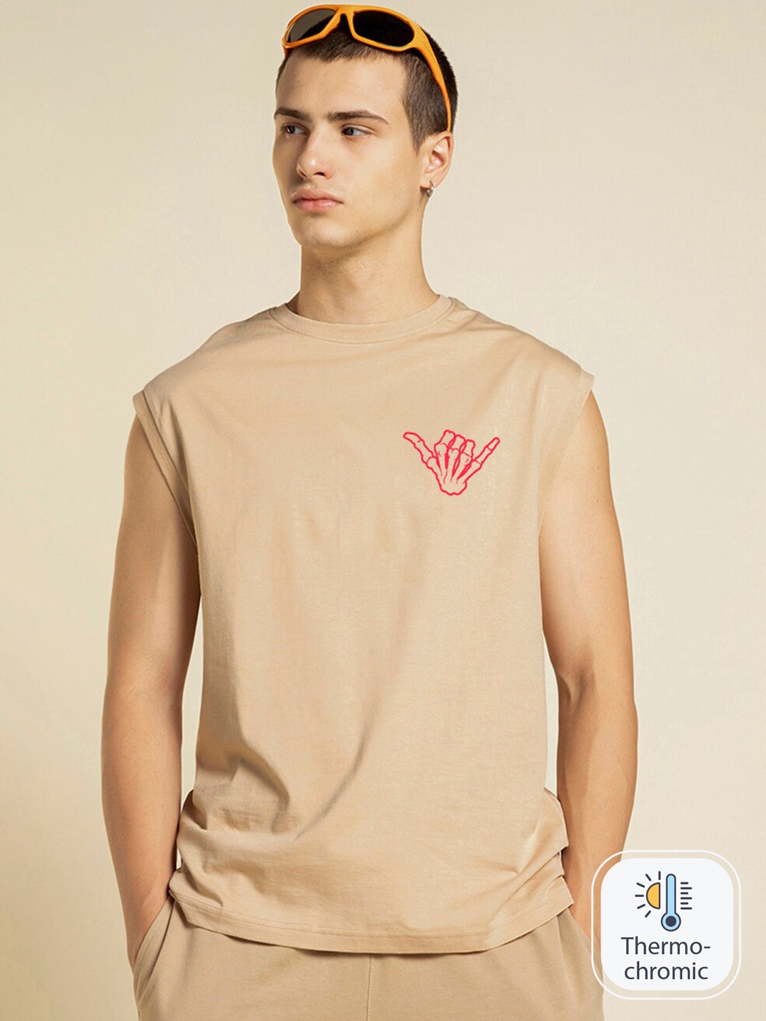 

Bewakoof Graphic Printed Pure Cotton Boxy-Fit Gym Vest, Brown