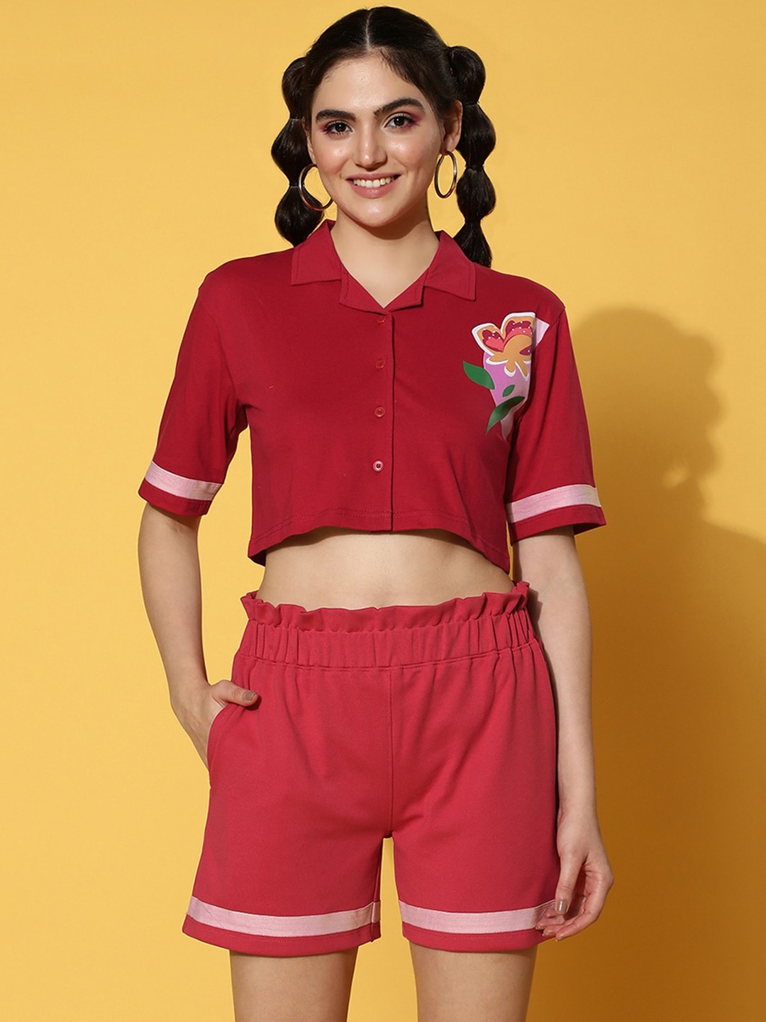 

JUNEBERRY Printed Shirt-Collar Pure Cotton Crop Top & Short, Magenta