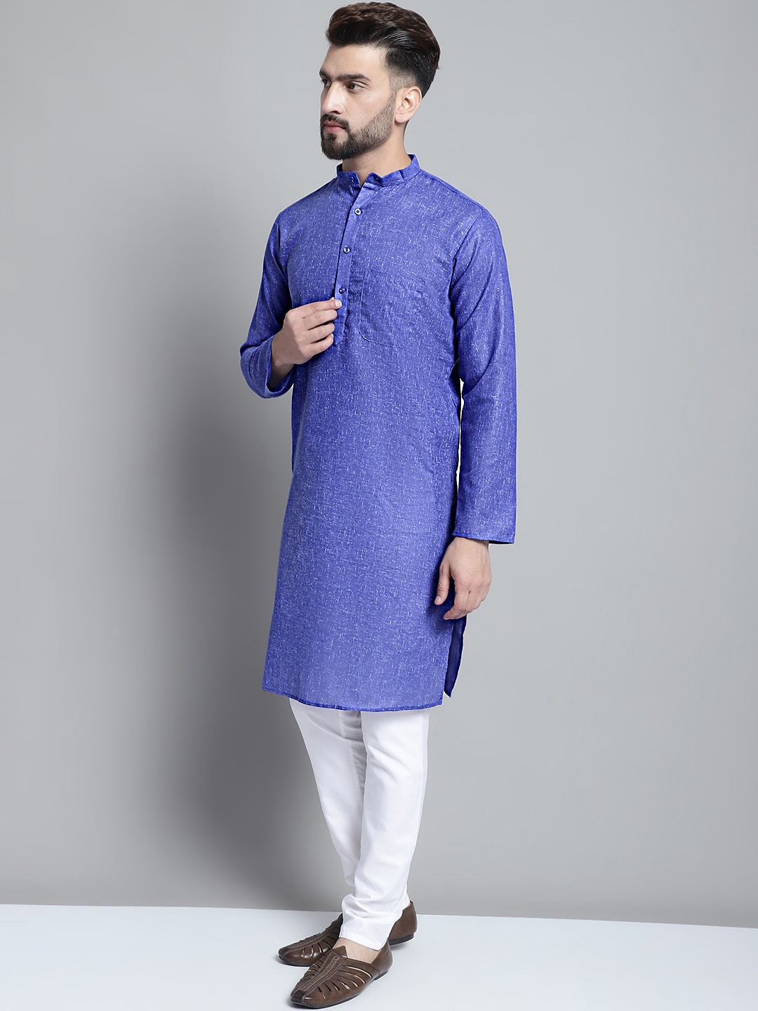 

Jompers Band Collar Pure Cotton Regular Kurta with Pyjamas, Blue