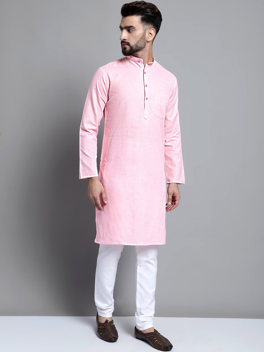 

Jompers Mandarin Collar Regular Pure Cotton Kurta with Pyjamas, Pink