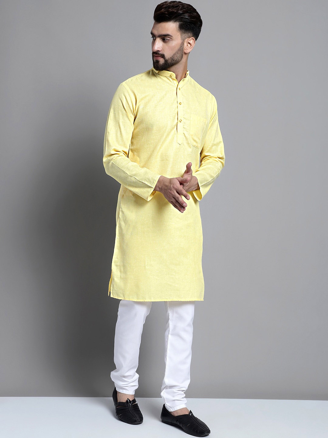 

Jompers Mandarin Collar Pure Cotton Kurta With Pyjamas, Yellow