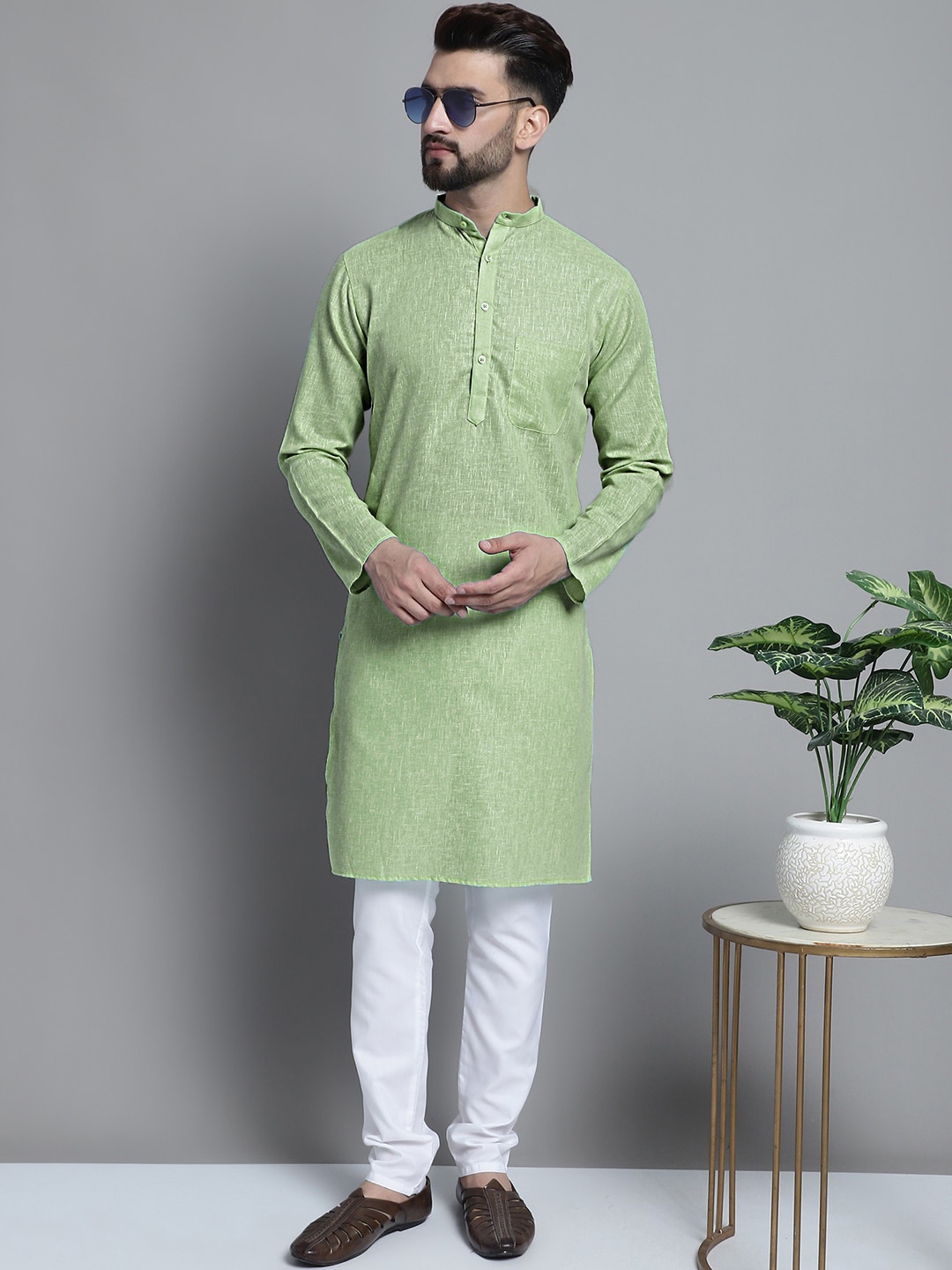 

Jompers Band Collar Pastel Pure Cotton Straight Kurta With Pyjamas, Green