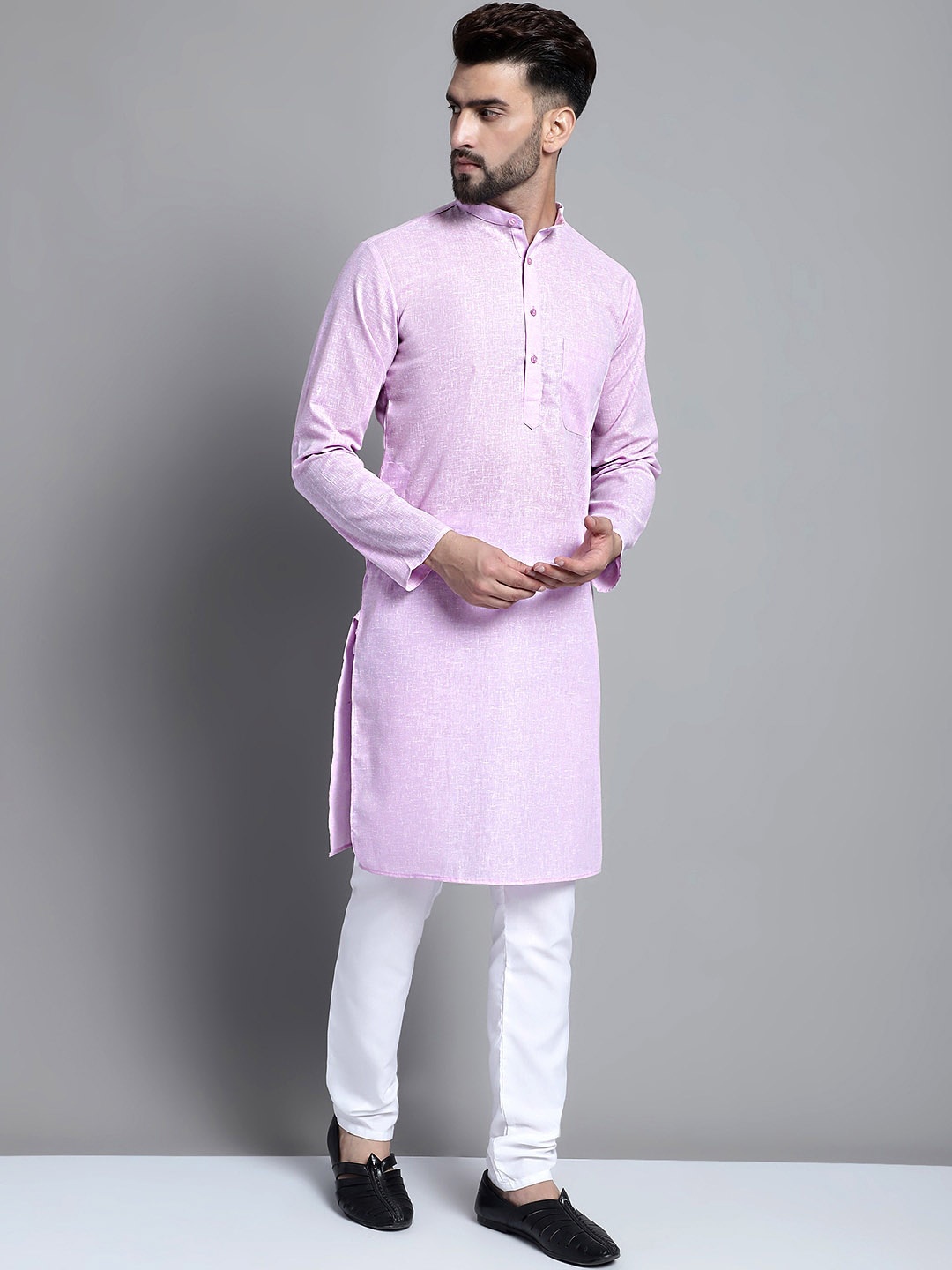 

Jompers Band Collar Pure Cotton Kurta With Pyjamas, Purple