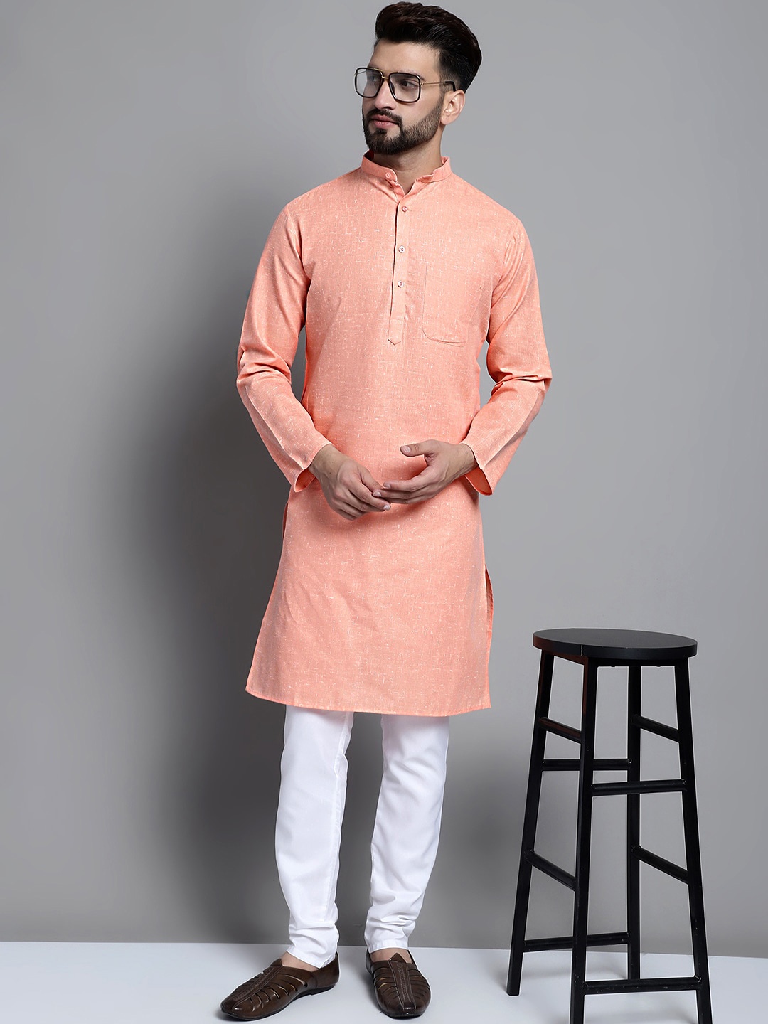 

Jompers Mandarin Collar Pure Cotton Kurta With Pyjamas, Peach