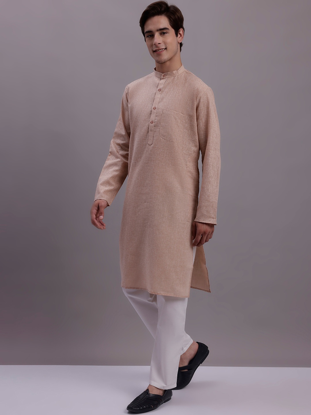 

Jompers Band Collar Pure Cotton Regular Kurta with Pyjamas, Beige