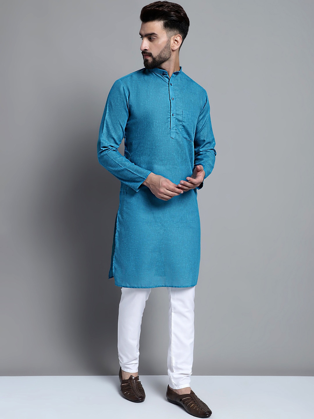 

Jompers Band Collar Pure Cotton Regular Kurta with Pyjamas, Blue