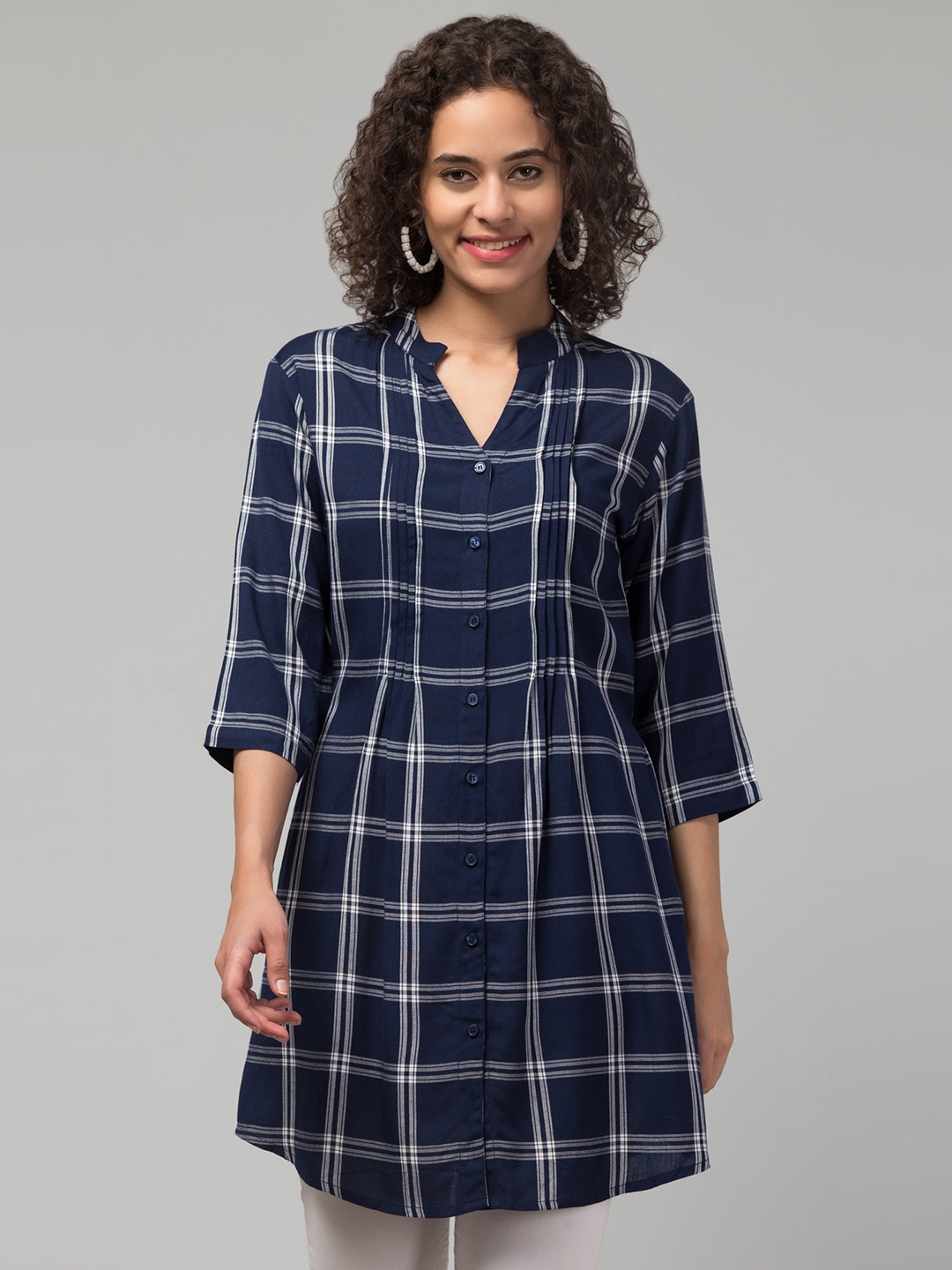 

Hive91 Checked Printed Mandarin Collar Three-Quarter Sleeves Tunic, Blue