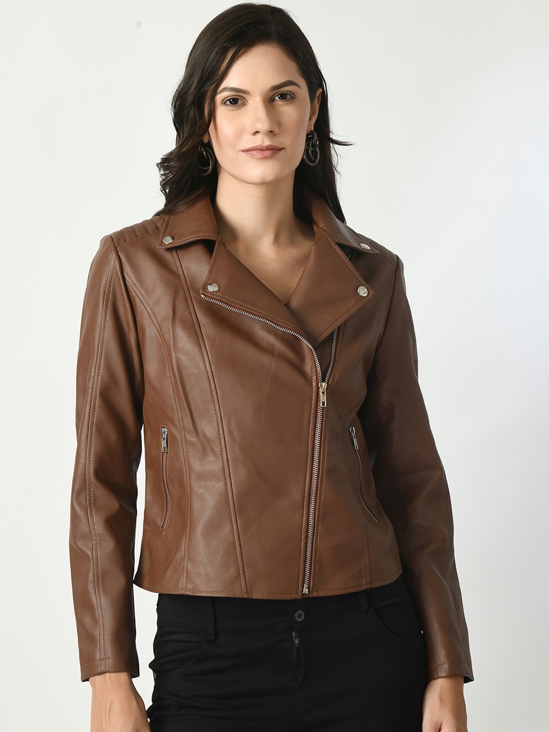 

TBOJ Lapel Collar Zip Detail Outdoor Biker Jacket With Water Resistant, Tan