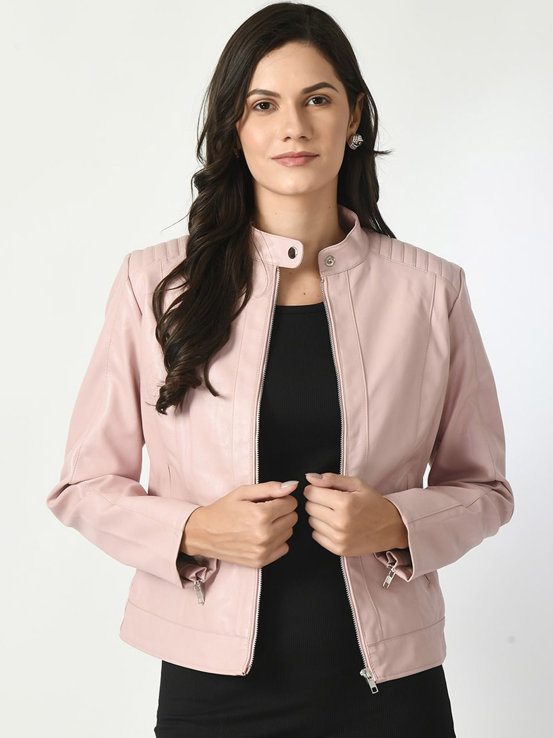 

TBOJ Stand Collar Water Resistant Anti Odour Leather Jacket, Pink