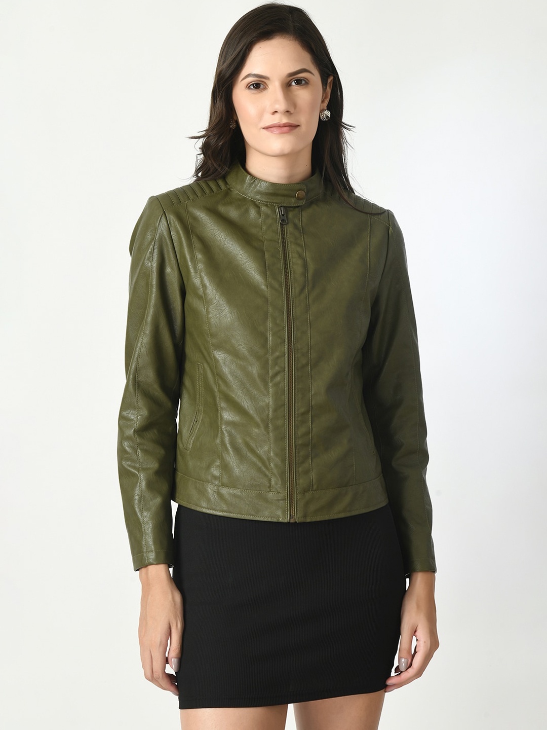 TBOJ Stand Collar Water Resistant Anti Odour Leather Jacket, Green