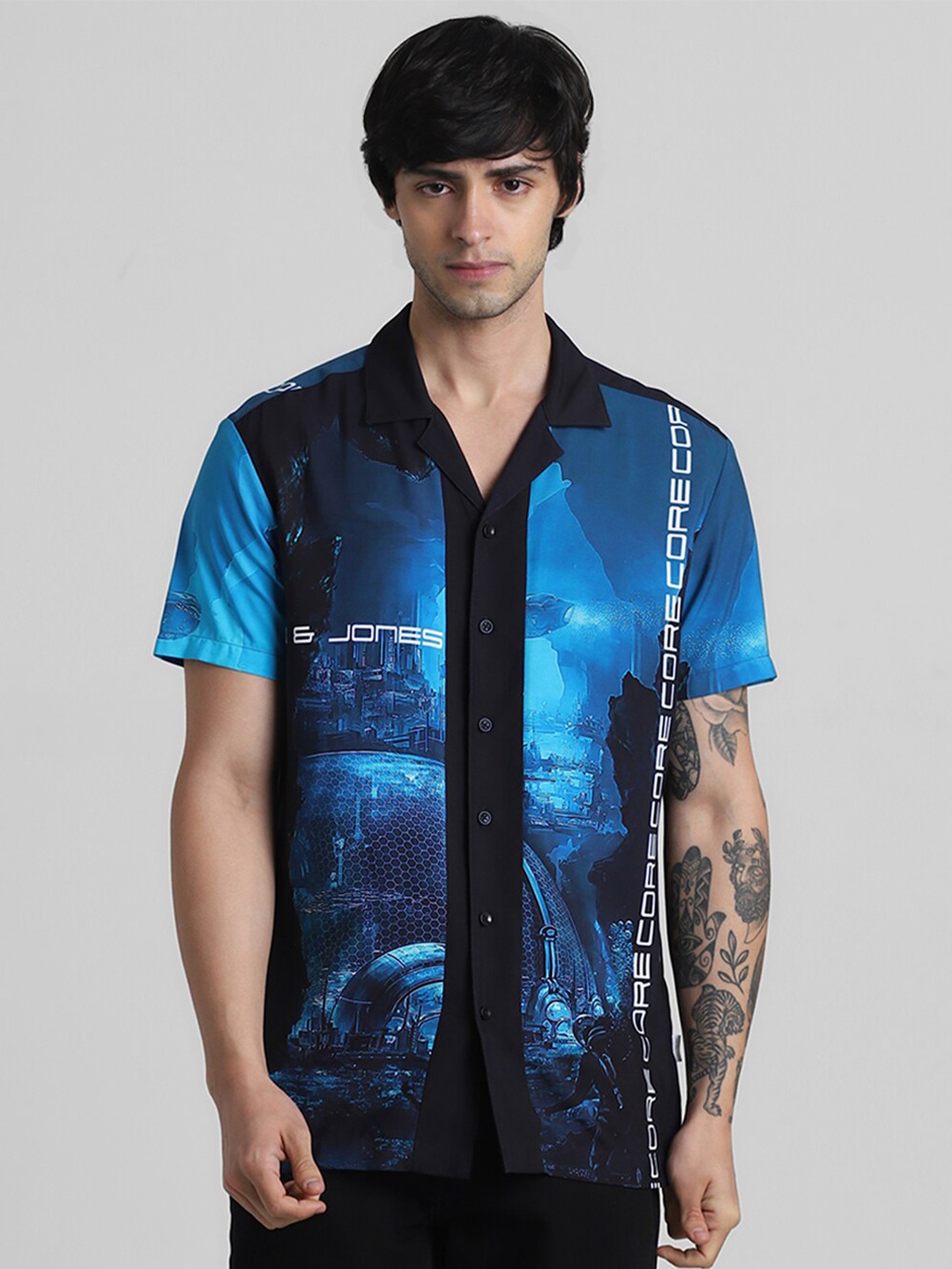 

Jack & Jones Typography Printed Spread Collar Casual Shirt, Blue