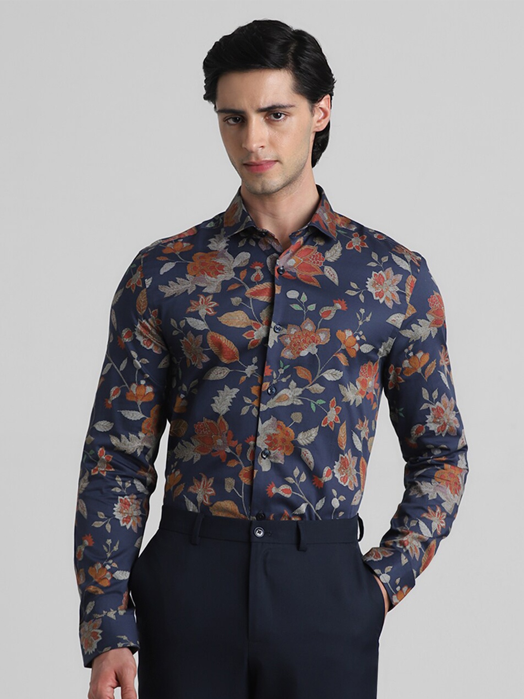 

Jack & Jones Floral Printed Spread Collar Cotton Casual Shirt, Blue