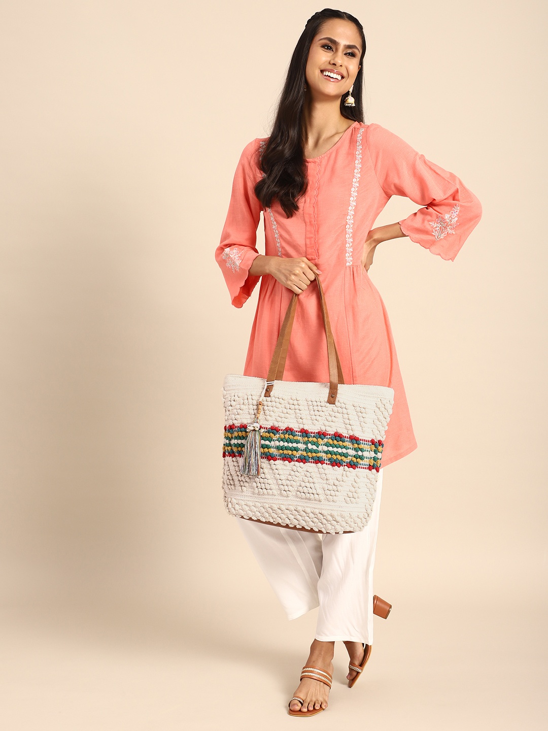 

Anouk Self Design Embroidered Oversized Shopper Tote Bag, Off white