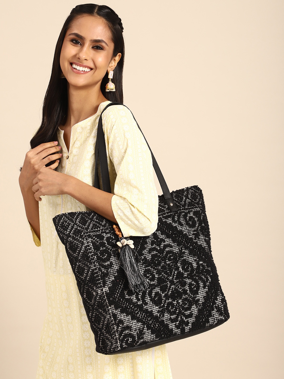 Anouk Ethnic Motifs Printed Oversized Shopper Tote Bag, Black