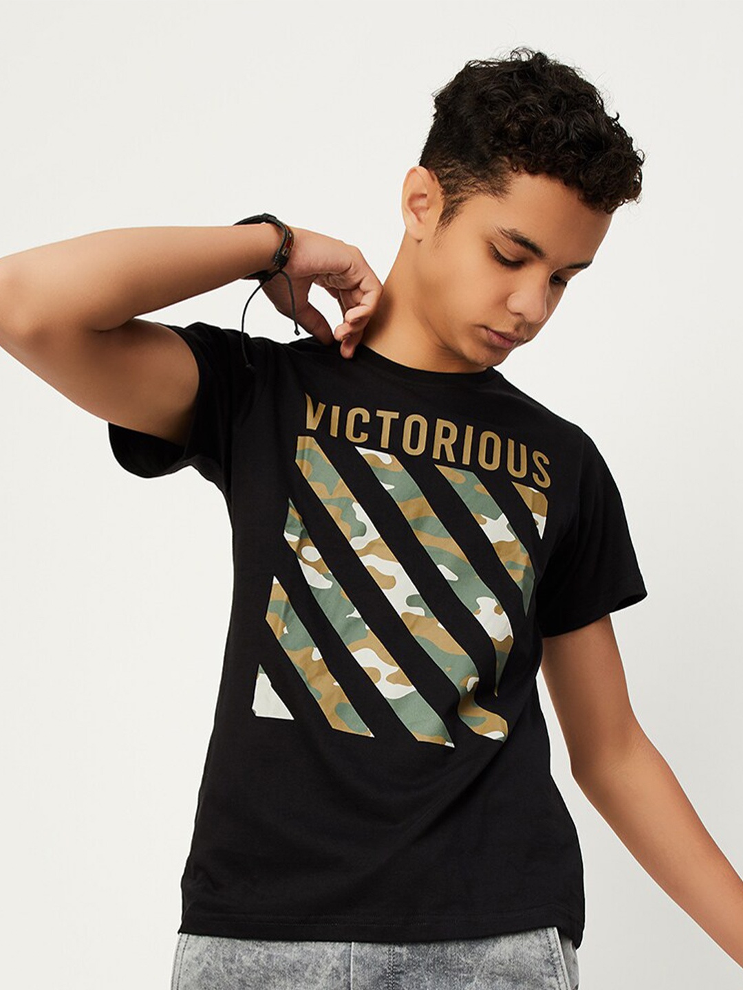 max Boys Relaxed Fit Typography Printed Pure Cotton Casual T-shirt, Black