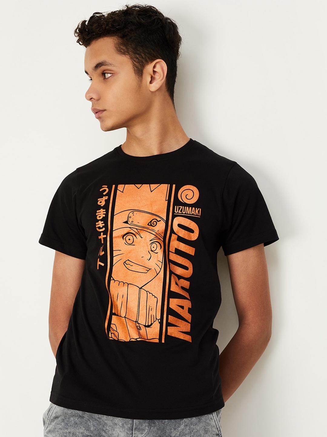 

max Boys Relaxed Fit Graphic Naruto Printed Pure Cotton Casual T-shirt, Black