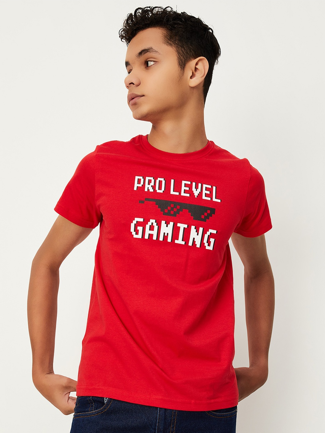 max Typography Printed Pure Cotton T-shirt, Red