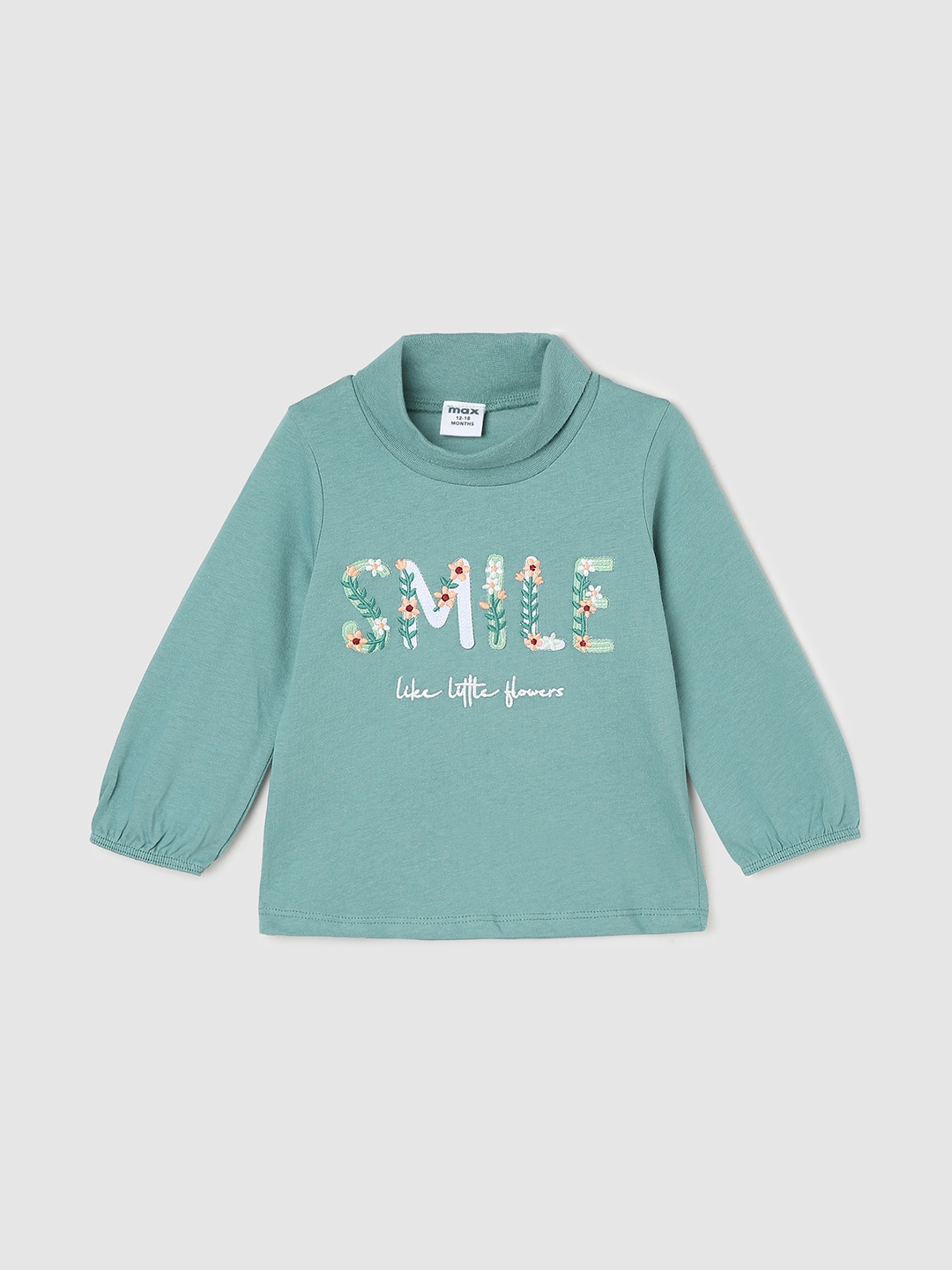 

max Girls Typography Printed High Neck Embroidered Cotton T-shirt, Green