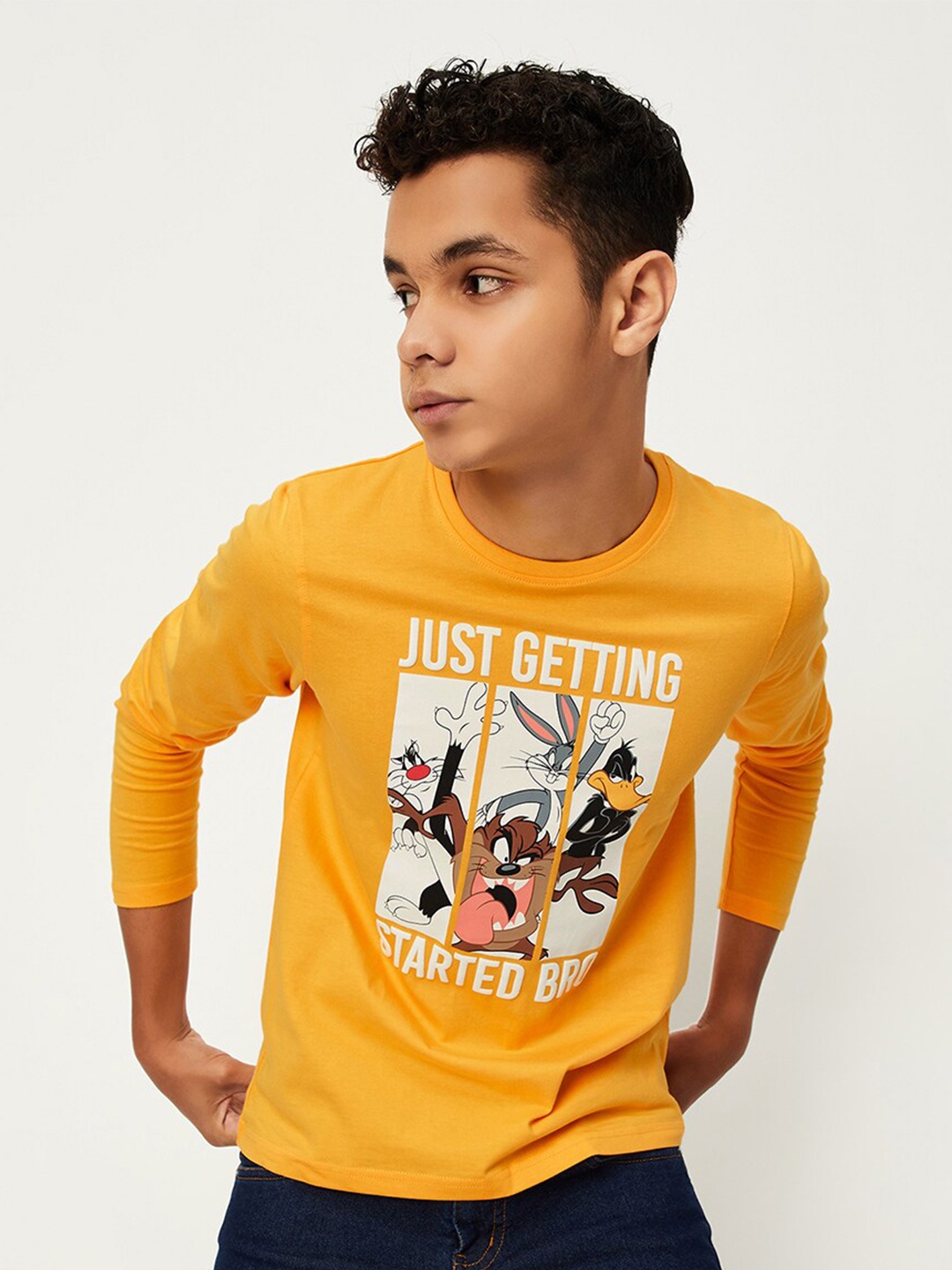 

max Boys Relaxed Fit Graphic Looney Tunes Printed Pure Cotton Casual T-shirt, Yellow