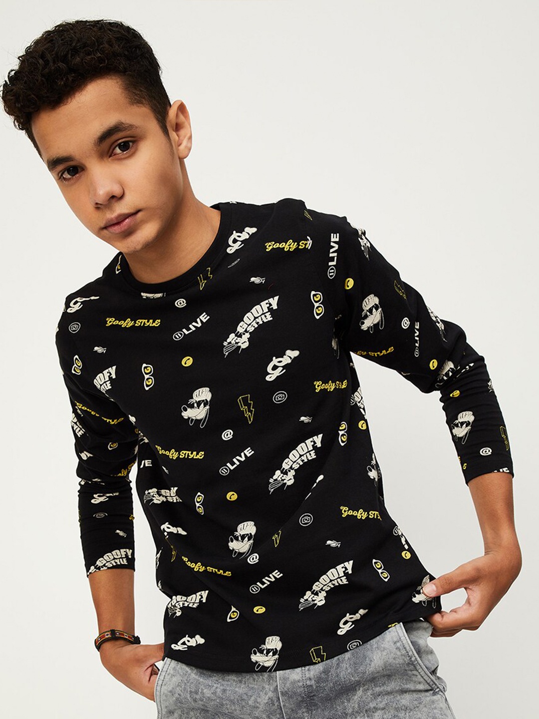 

max Boys Relaxed Fit Conversational Printed Pure Cotton Casual T-shirt, Black