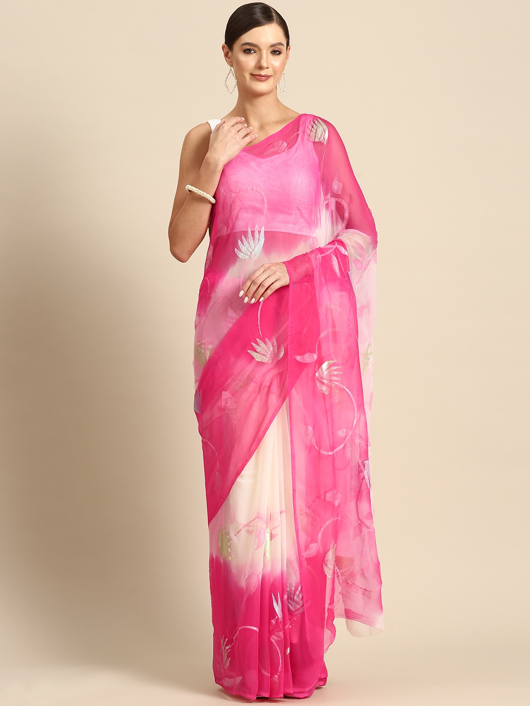 

La Vastraa Floral Pure Chiffon Saree, Pink