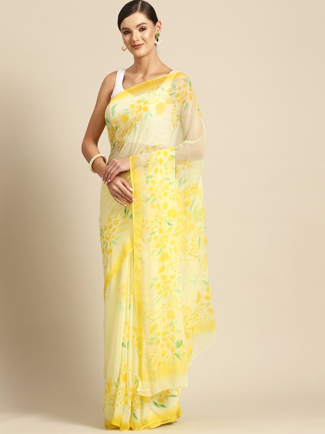 

La Vastraa Floral Pure Chiffon Saree, Yellow