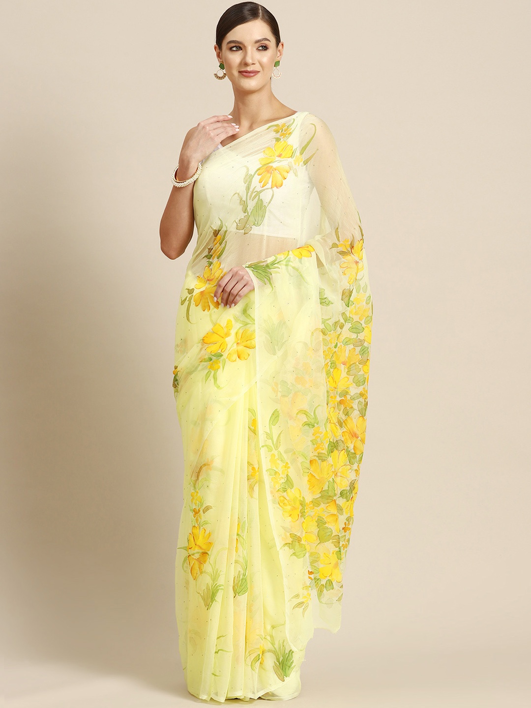 

La Vastraa Floral Beads and Stones Pure Chiffon Saree, Yellow