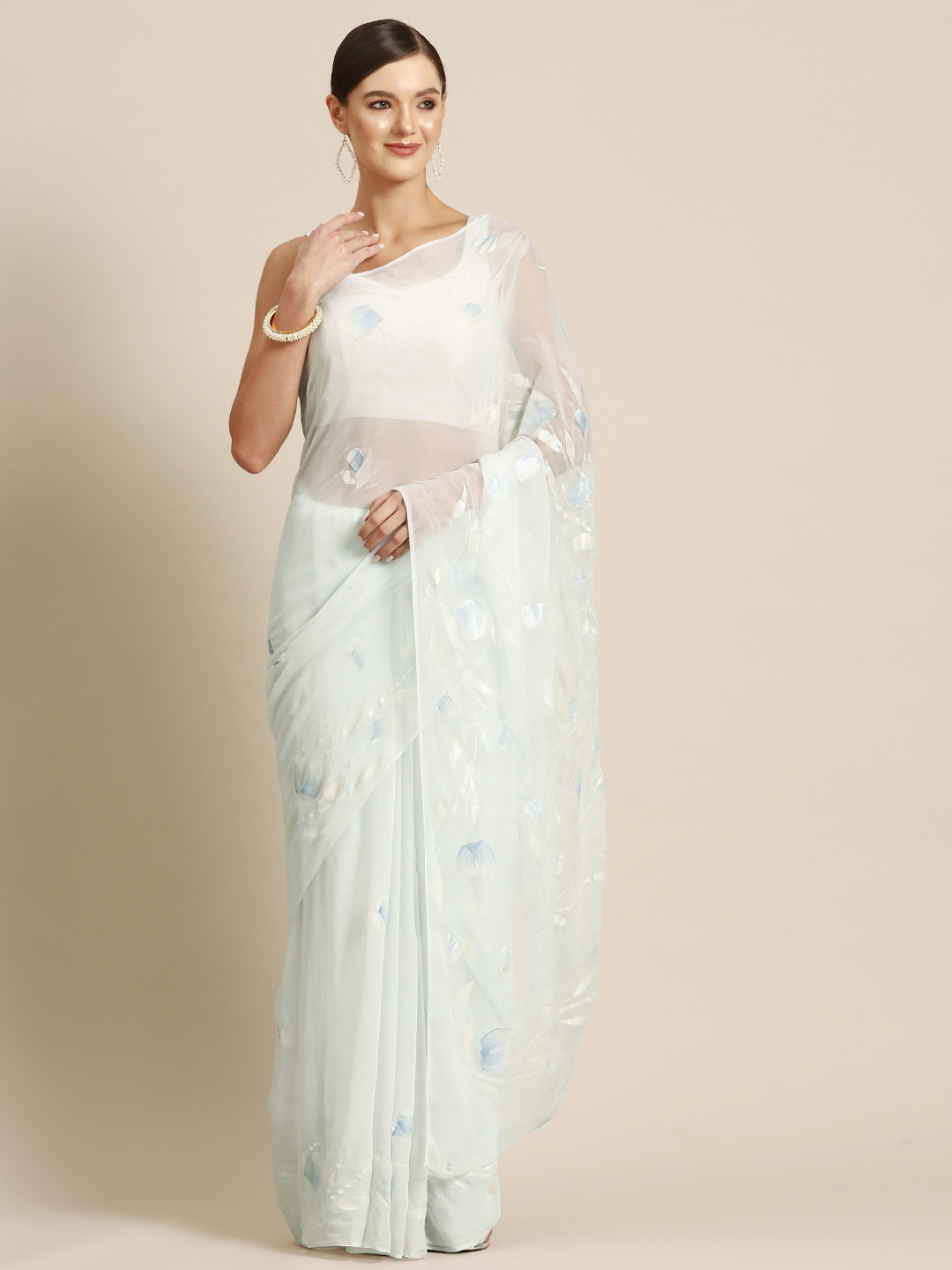 

La Vastraa Floral Pure Chiffon Saree, Turquoise blue