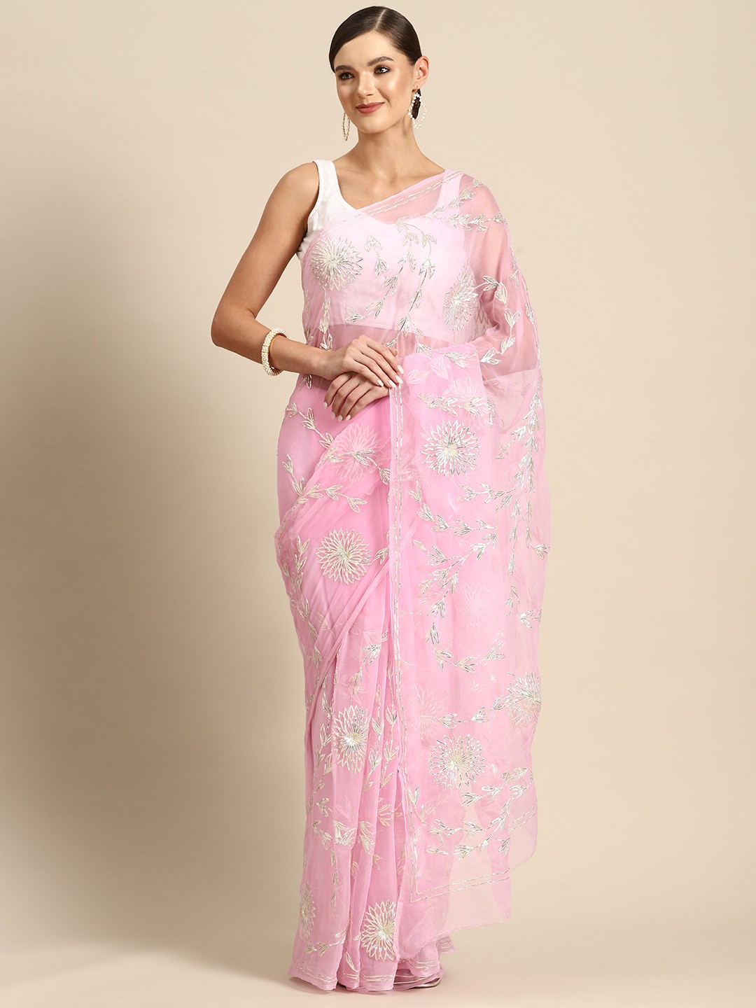 

La Vastraa Floral Sequinned Pure Chiffon Saree, Pink