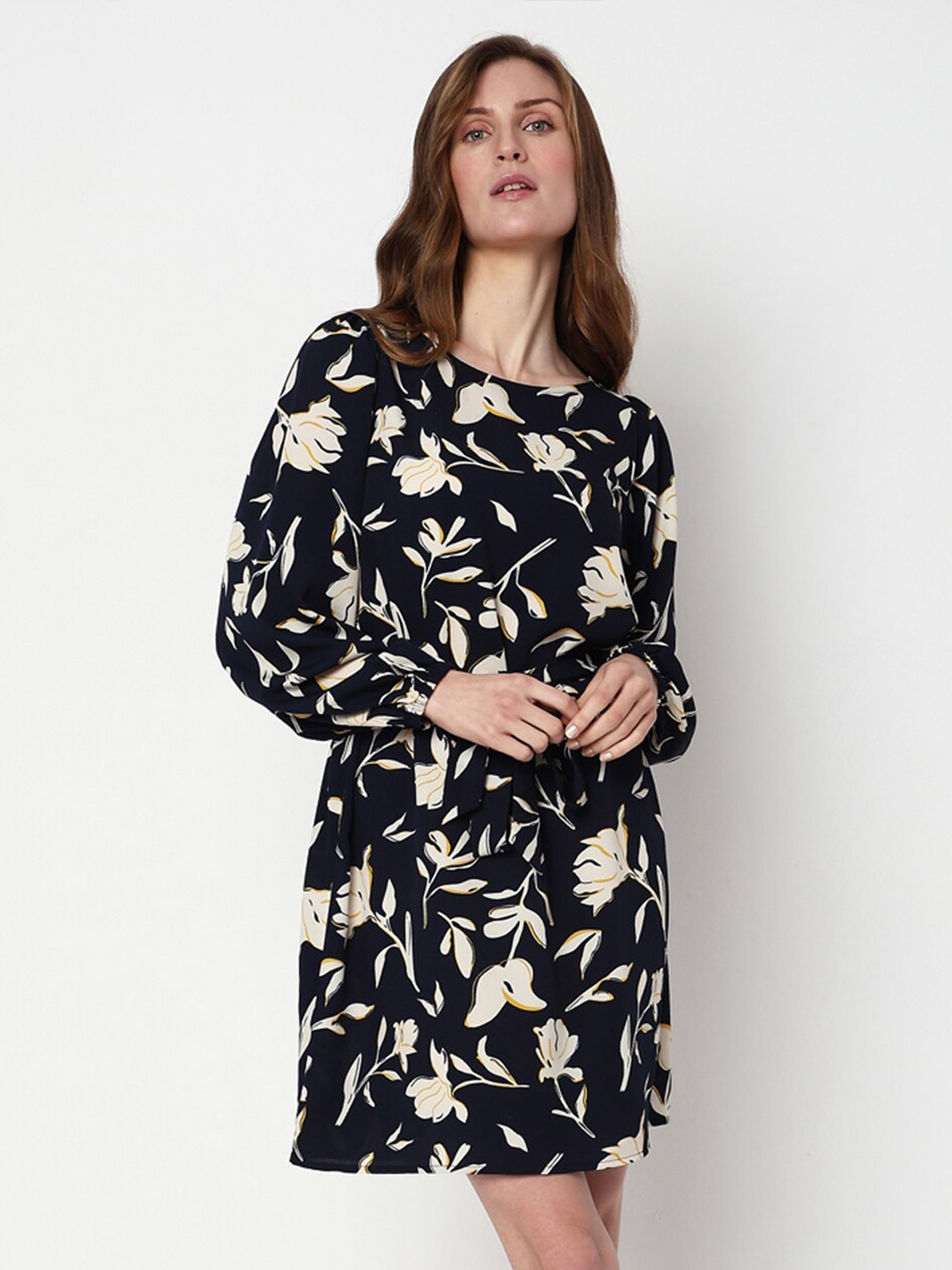 

Vero Moda Floral Printed Puff Sleeves Tie-Ups A-Line Dress, Navy blue