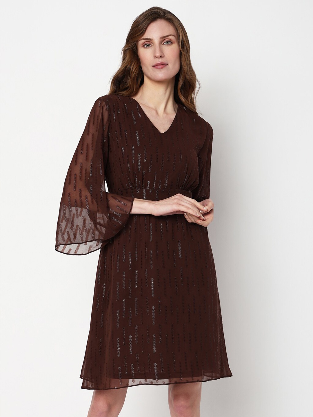 

Vero Moda Embellished V-Neck Flared Sleeves Sequined A-line Dress, Brown