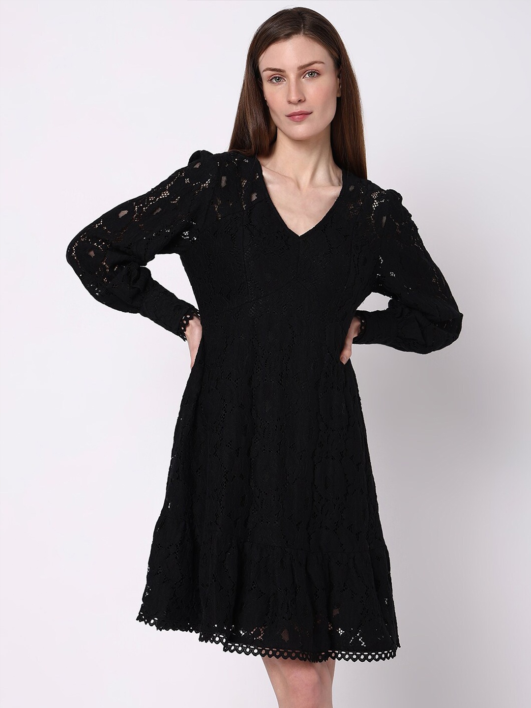 

Vero Moda Floral Self Design V-Neck Puff Sleeves Fit & Flare Dress, Black