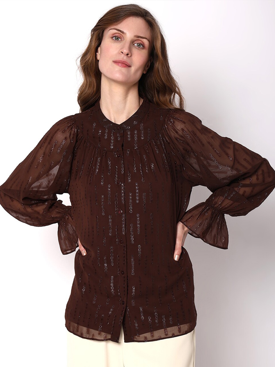 

Vero Moda Embellished Mandarin Collar Raglan Shoulder Sleeves Semi Sheer Casual Shirt, Brown