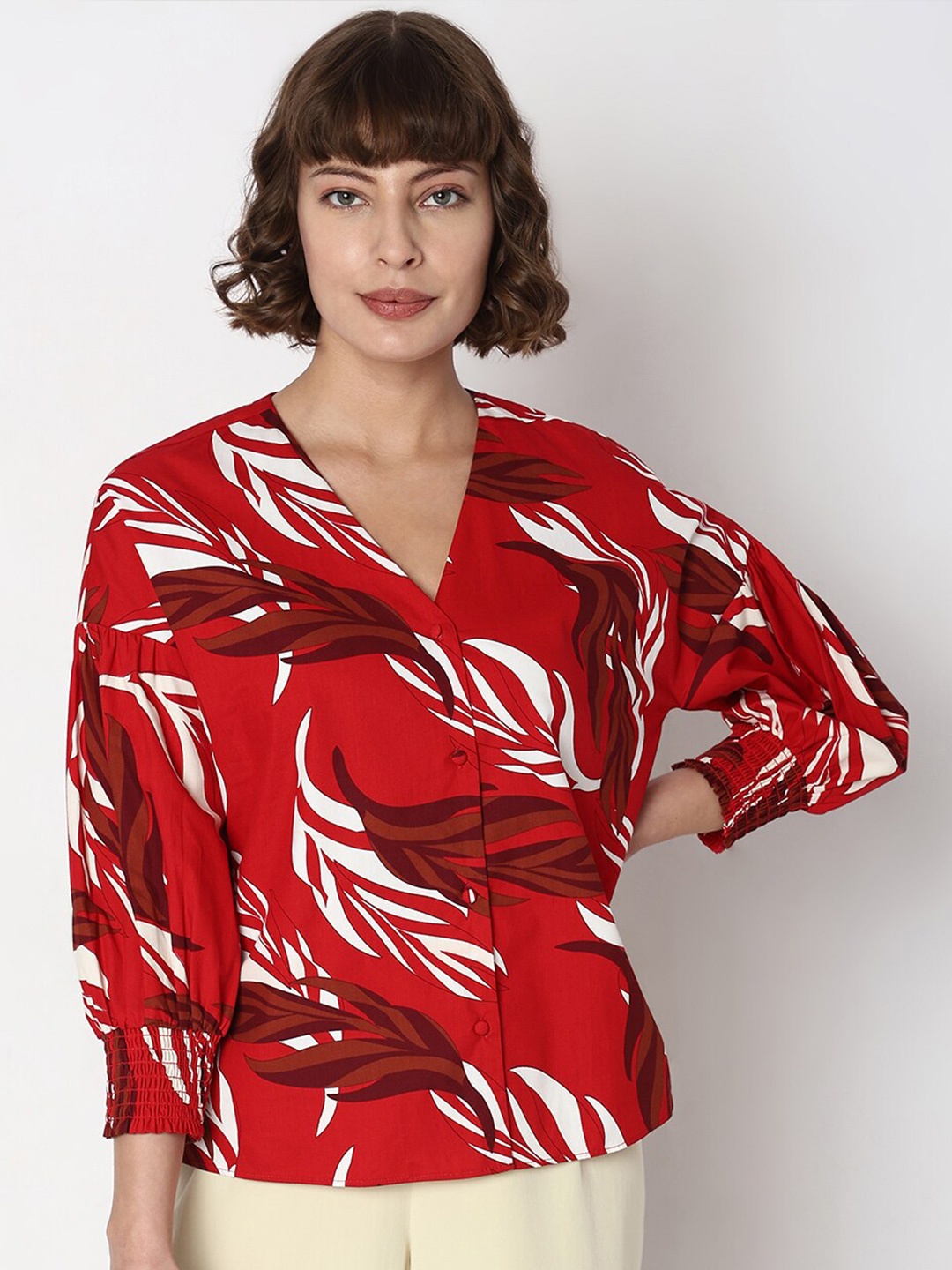 

Vero Moda Floral Printed V-Neck Cotton Top, Red