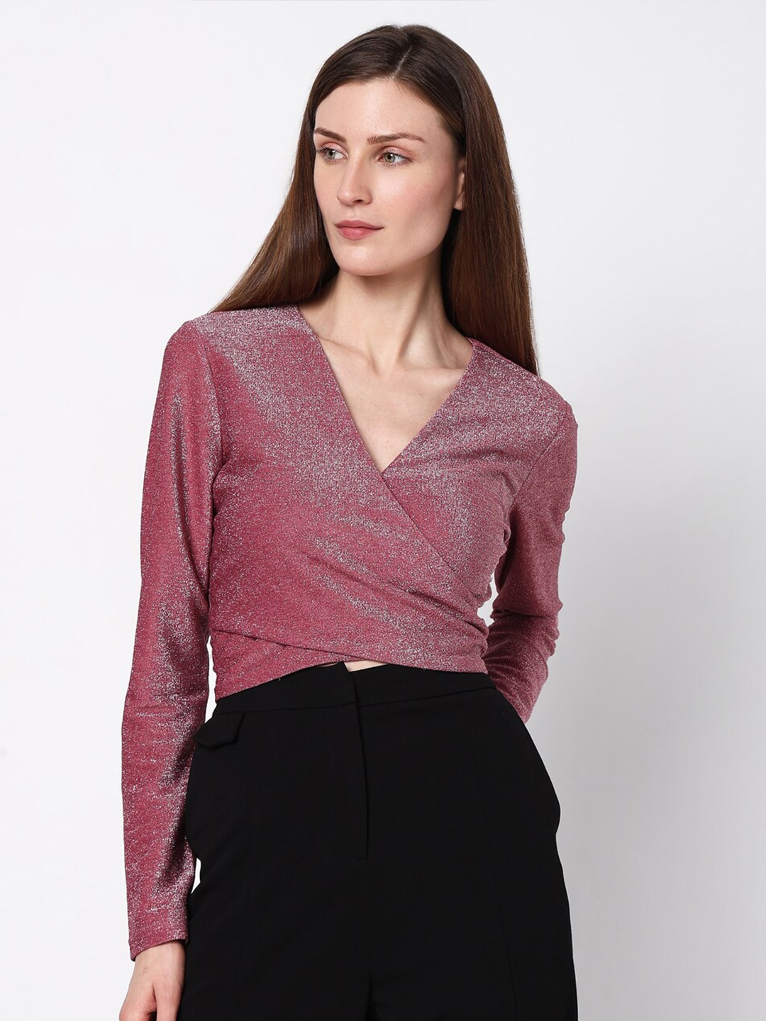 

Vero Moda Self Design Wrap Crop Top, Pink