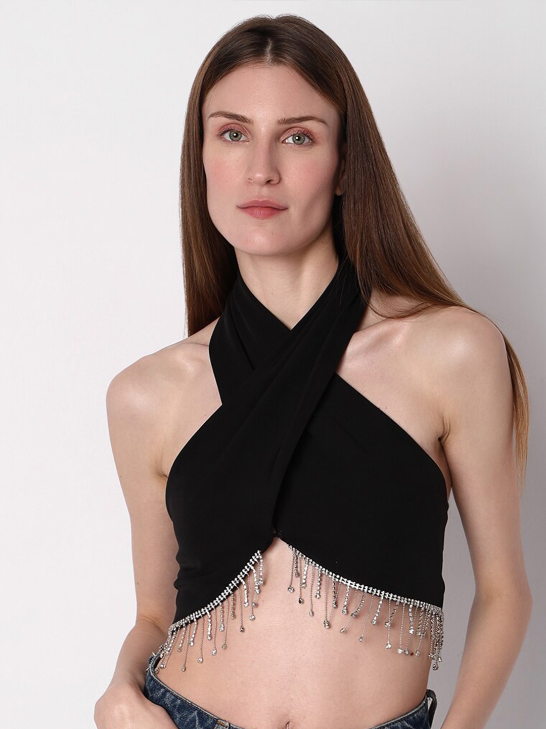 

Vero Moda Halter Neck Fringed Crop Top, Black