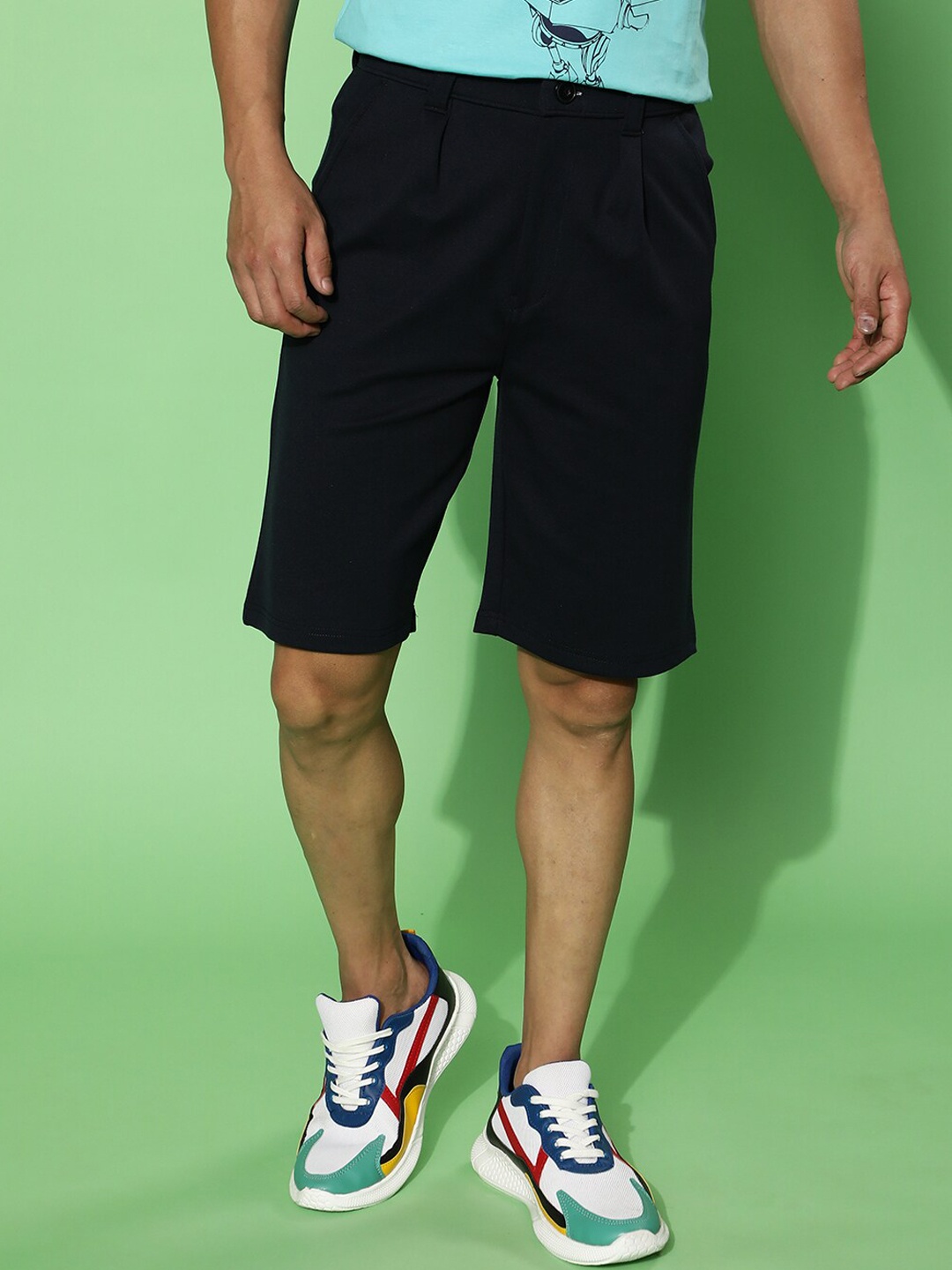 

VEIRDO Mid-Rise Knitted Loose Fit Cotton Shorts, Navy blue