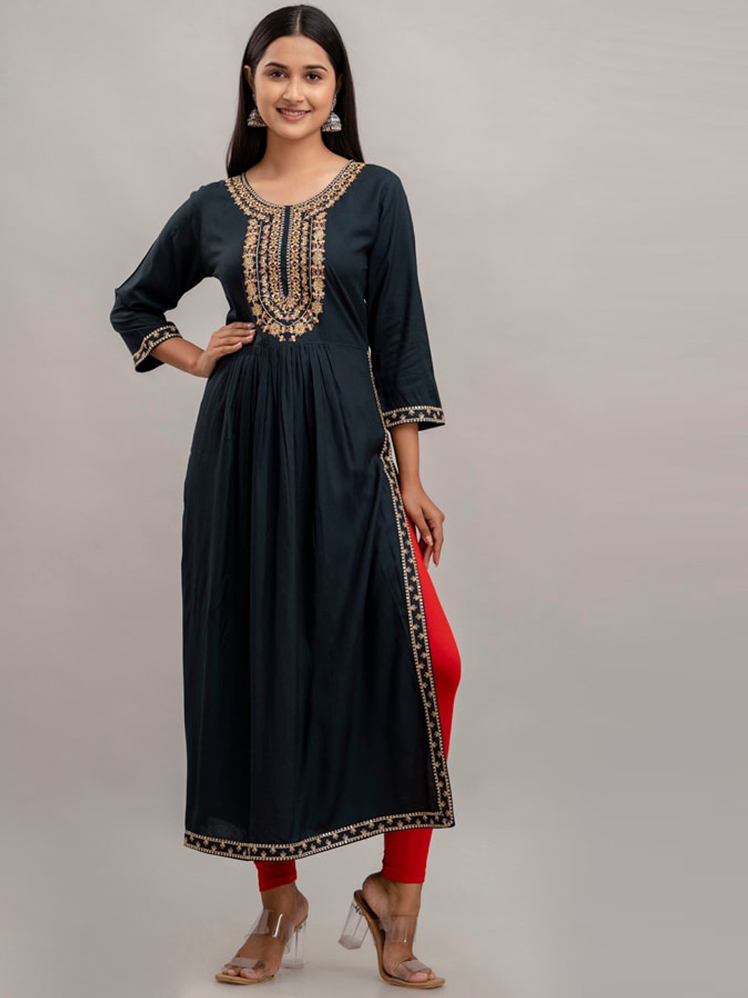 

CKM Floral Embroidered Round Neck Anarkali Kurta, Blue