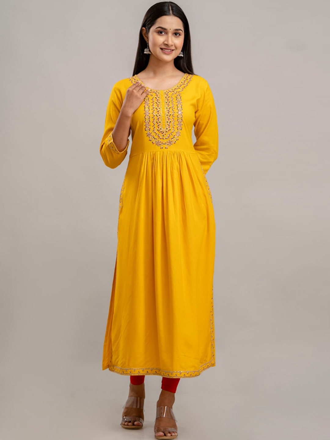 

CKM Women Yellow Geometric Embroidered Anarkali Kurta