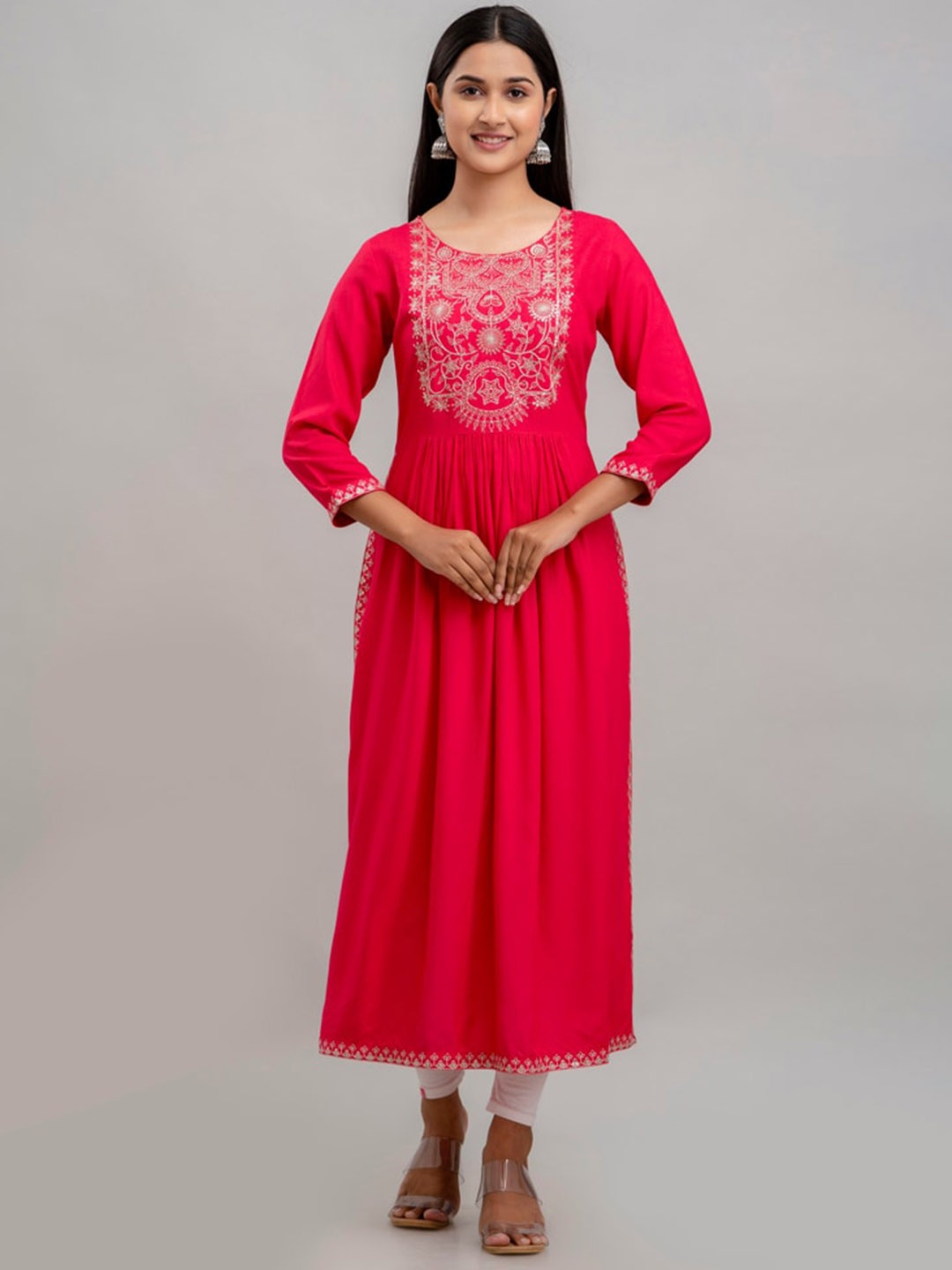 

CKM Women Pink Embroidered Extended Sleeves Thread Work Anarkali Kurta