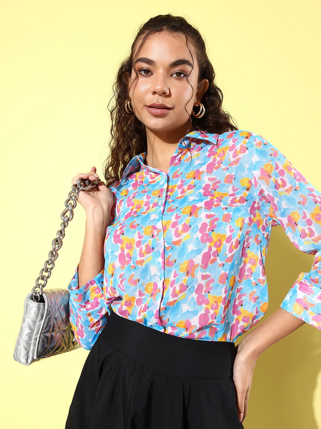 

ANVI Be Yourself Smart Floral Printed Spread Collar Tailored Fit Chiffon Casual Shirt, Blue